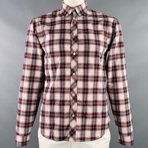 MARC JACOBS L Grey Red White Metallic Plaid Cotton Blend Long Sleeve Shirt